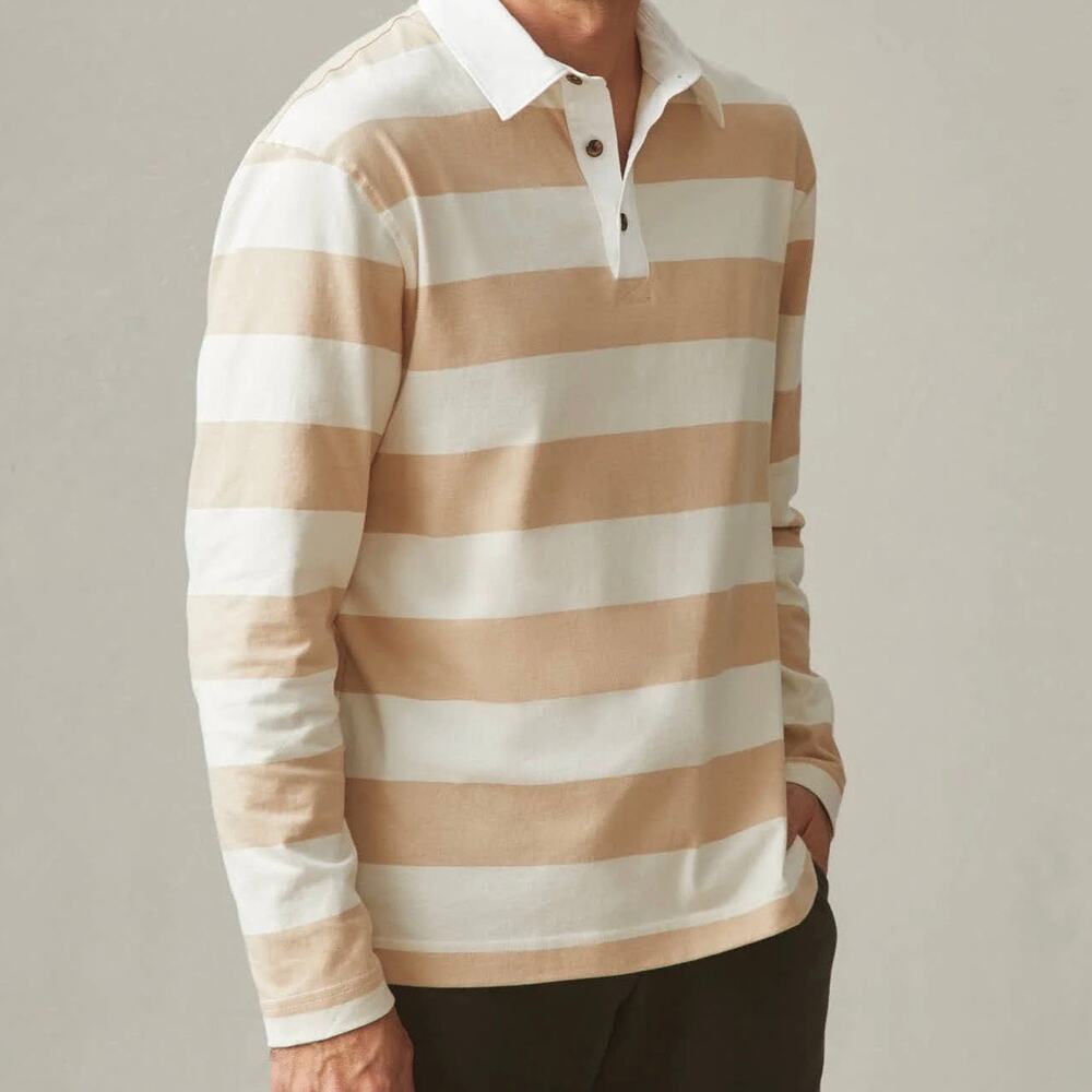 American Giant Stripe Rugby Long Sleeve Shirt Men's Medium Khaki